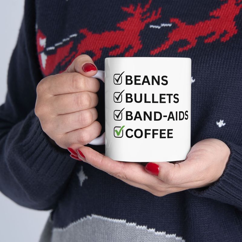 Prepper Mug – Beans, Bullets, Band-Aids &amp; Coffee Checklist – Survivalist Gift for Homesteaders &amp; Preppers(11oz, 15oz)