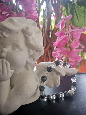 Bracelet en pierre naturelle &quot;Obsidienne &amp; Cristal de Roche&quot; 8 mm