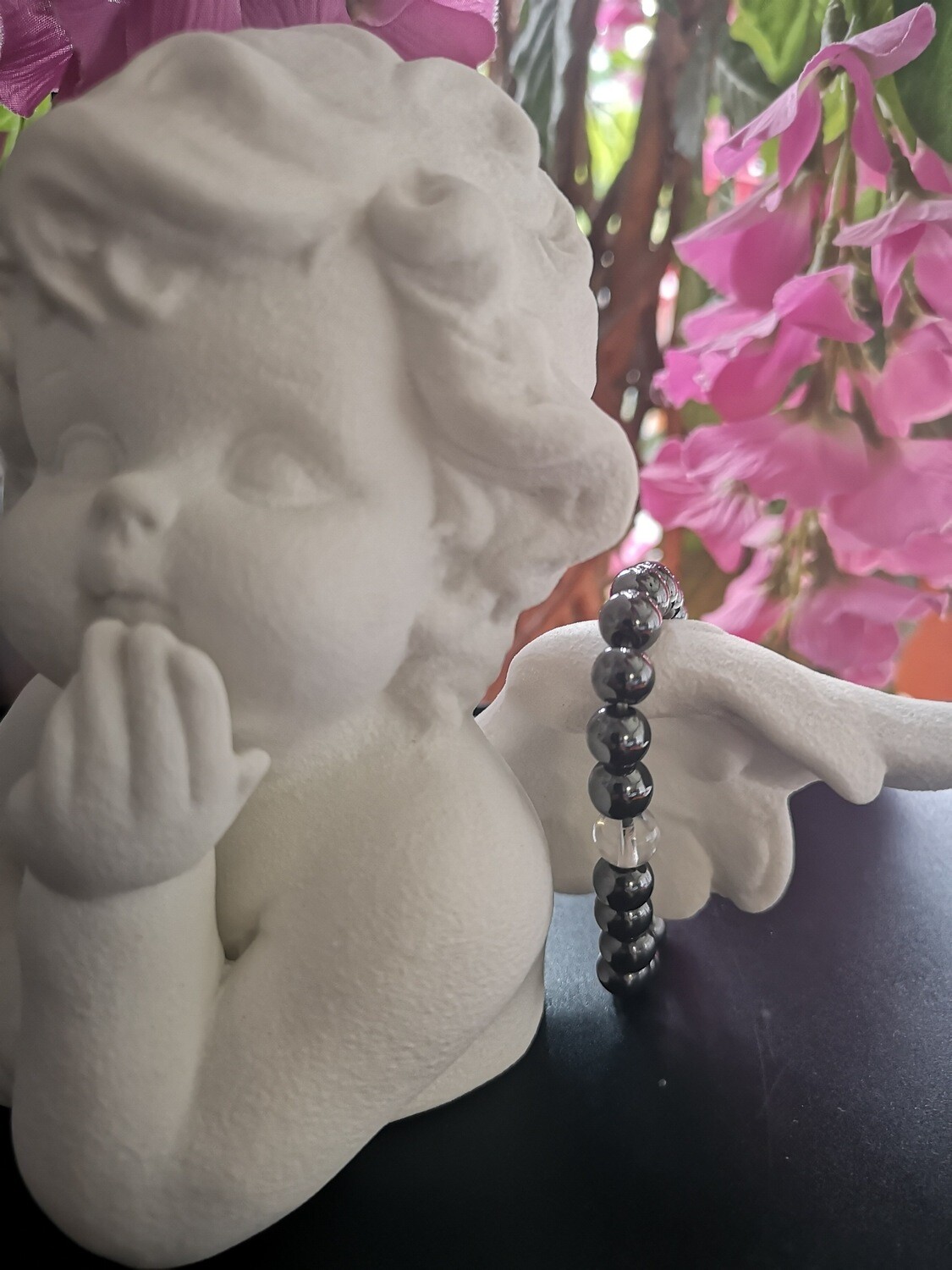 Bracelet en pierre naturelle &quot;Hématite &amp; Cristal de Roche&quot; 8 mm