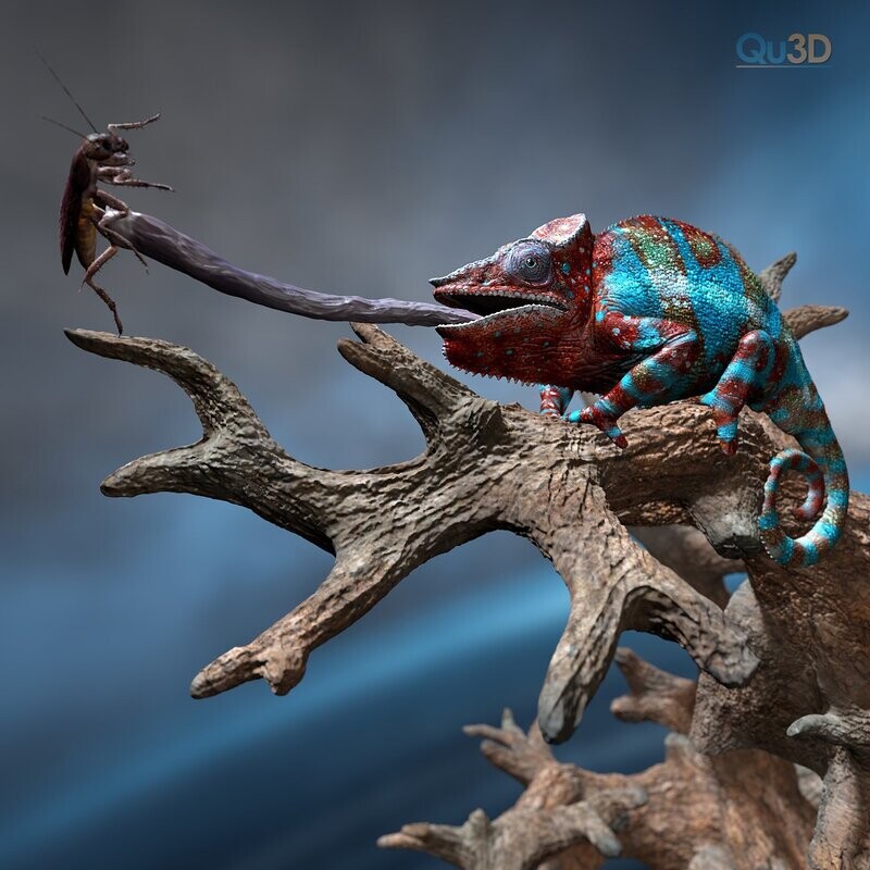 STL 3D printing model - Pantherchameleon - Furcifer pardalis NosyBe with tongue shot- 3D model incl. originals- high polygon