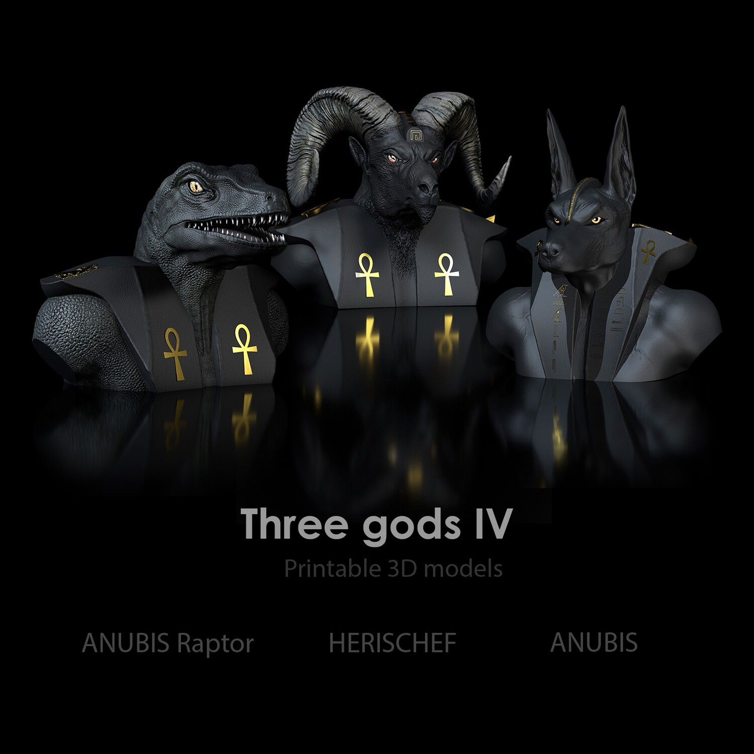 3D Print File- Three Gods Pack IV Raptor- ANUBIS, Herischef and ANUBIS Bust - High-Polygon