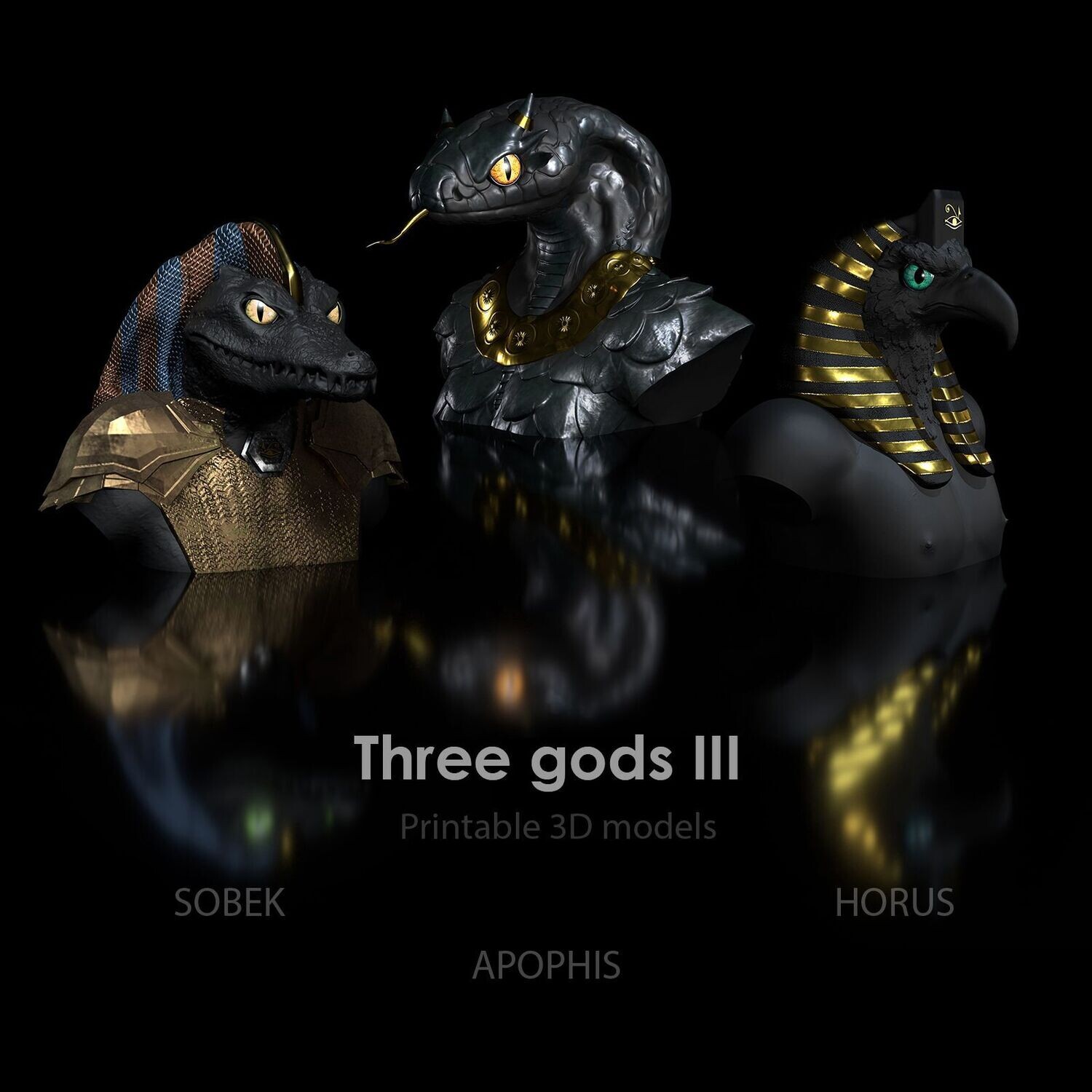 Three gods pack! Anubis- Sobek- Apophis + Horus and Horus STL- 3D print file high polygon