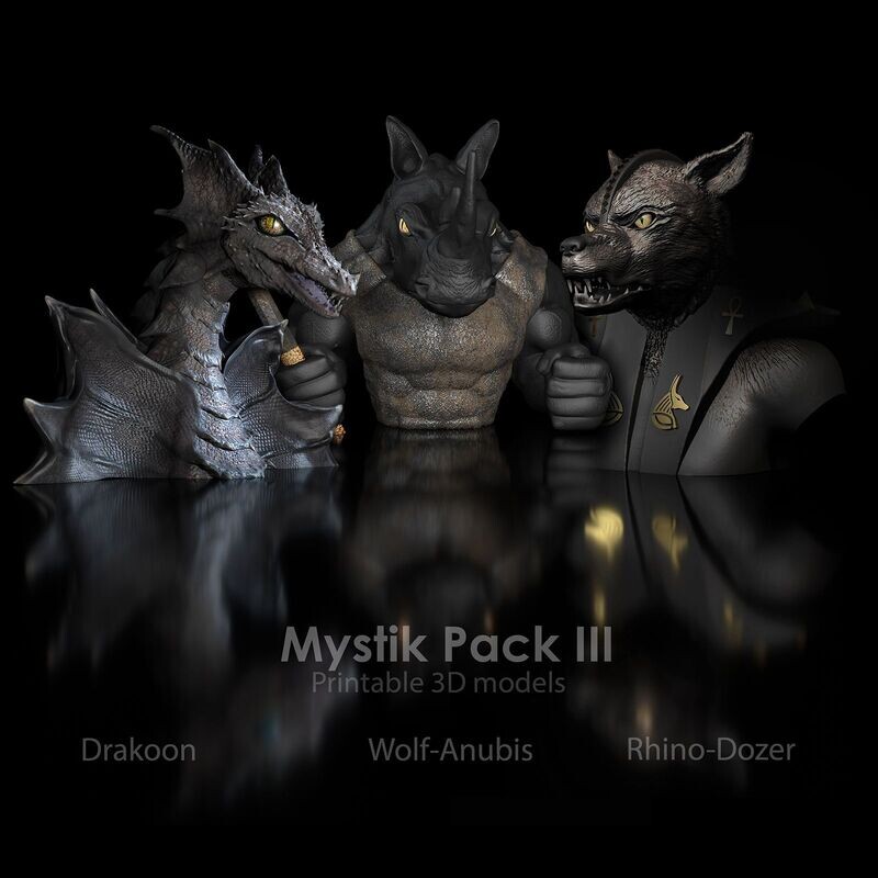 STL 3D printing Three Mystic Pack II Draagon - Rhino-Dozer and Wulf-Hound-Bust high polygon