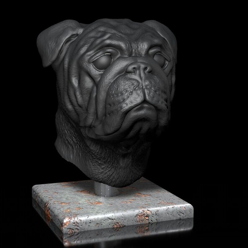 ​English Bulldog Head Portrait - STL-3D Print File- Includes Wall Mount and BaseHigh-Polygon