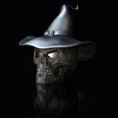 Skull with witch hat - 3D print model, eyes open Skull with witch hat - 3D print model, eyes open