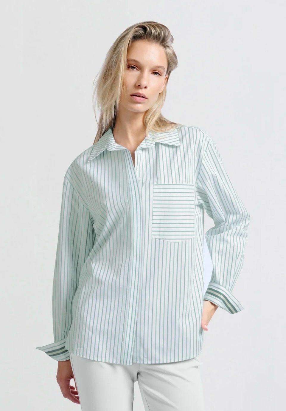 Striped blouse with chest pocket and cuff tape