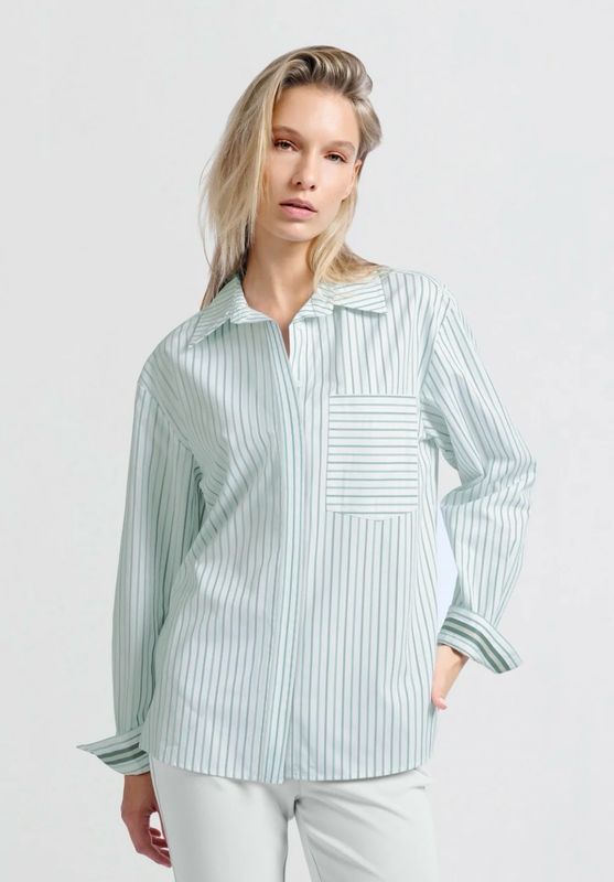 Striped blouse with chest pocket and cuff tape