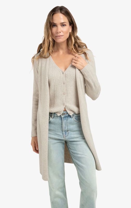 Long cardigan with cable-knit gilet layer