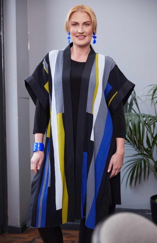ORA Clothing ORW25124 Color block long line cardi with plain underdress Lapis/Black 629 ORA Clothing