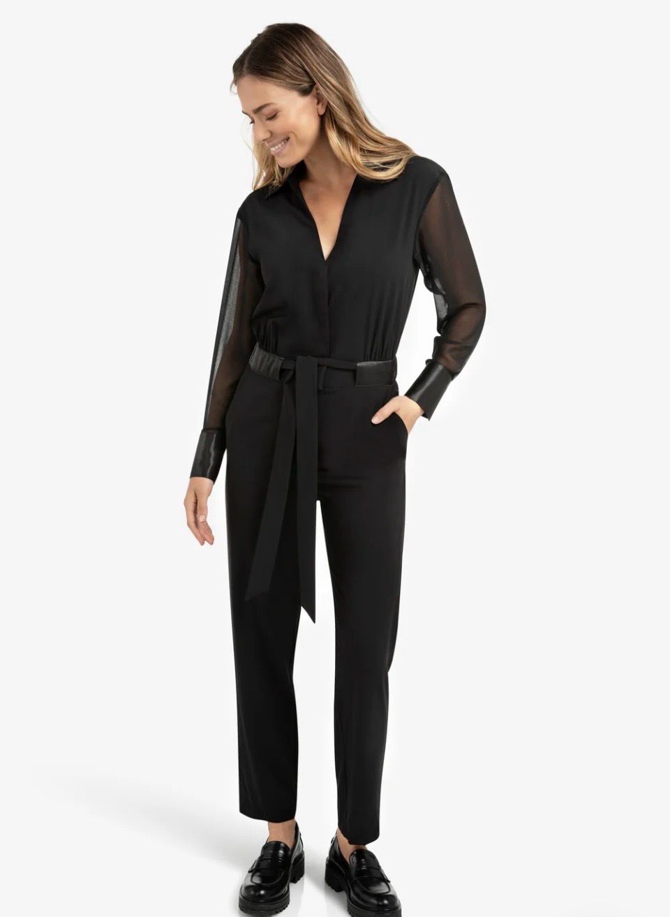 Woven jumpsuit with tie belt and long, sheer sleeves