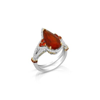 18kt White and Rose Gold - Pear Fire Opal: 2.58ct - Round Fire Opal: 0.19ct - Orange Sapphire: 0.03ct - White Round Diamond: 0.35ct