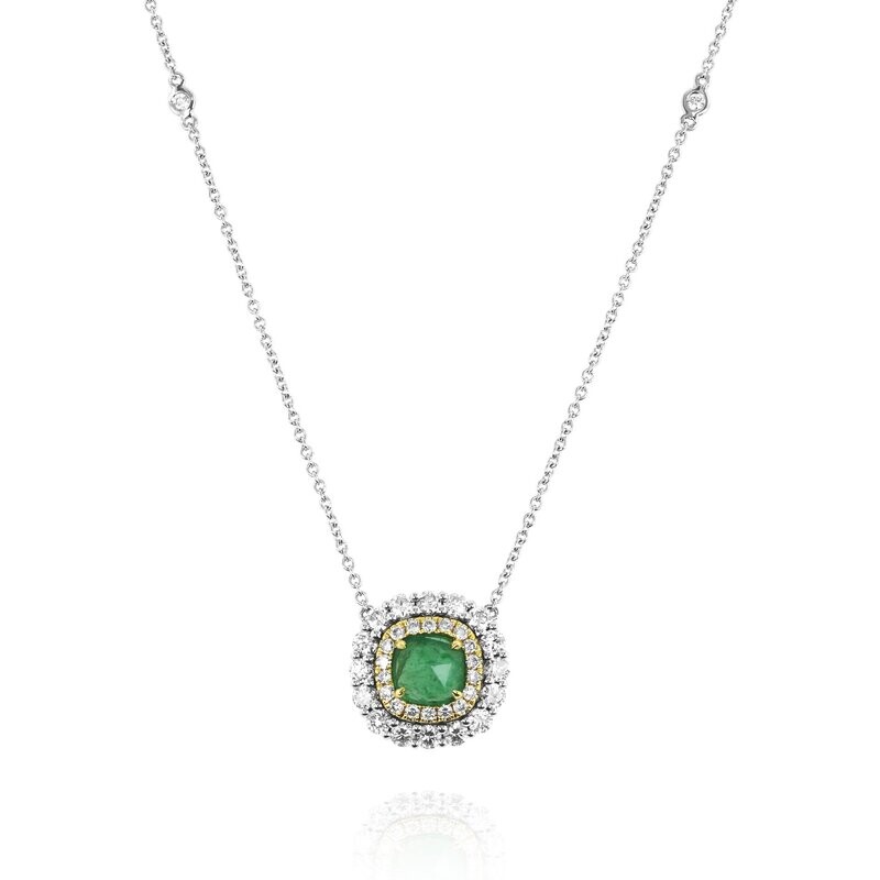 18kt White and Yellow Gold - Cushion Emerald: 0.71ct - Yellow Diamonds: 0.16ct - White Diamonds: 0.70ct