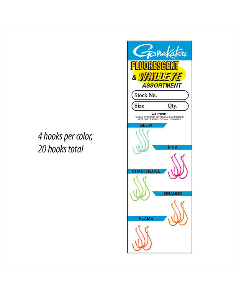 Gamakatsu Walleye & Steelhead Fluorescent Hook 20 pack, assorted sizes