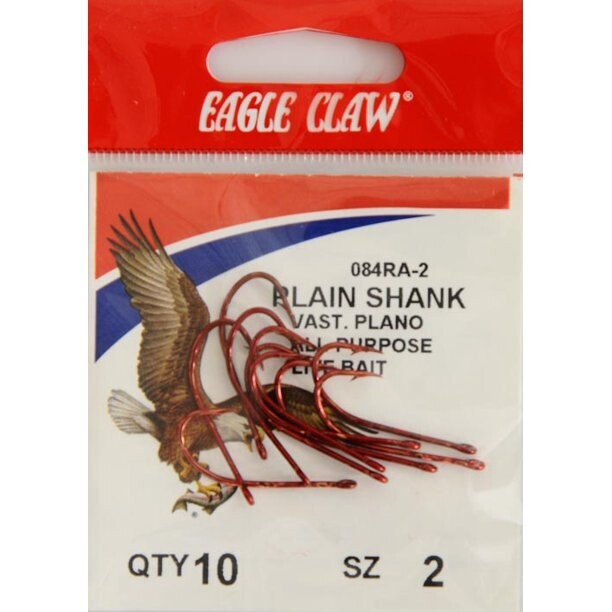 EAGLE CLAW 084RA2 SIZE #2 10PK PLAIN SHANK HOOK, RED  