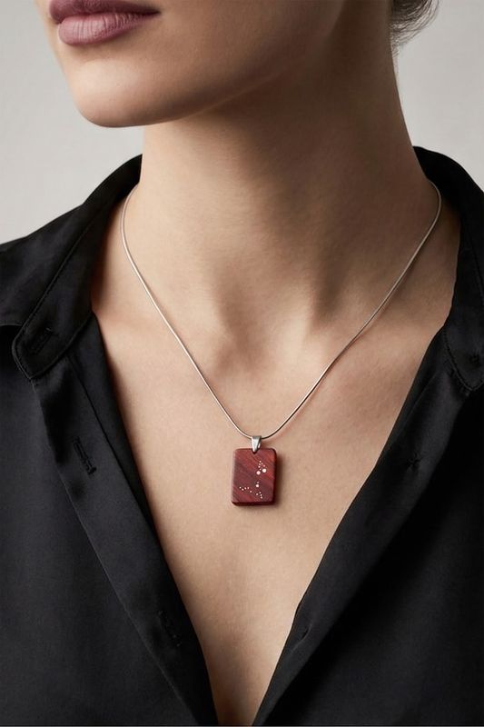 Χειροποίητο Ξύλινο Μενταγιόν Ζώδιο από Παντούκ - Παραλληλόγραμμο Κόσμημα με Αστέρια &amp; Ατσάλινη Αλυσίδα