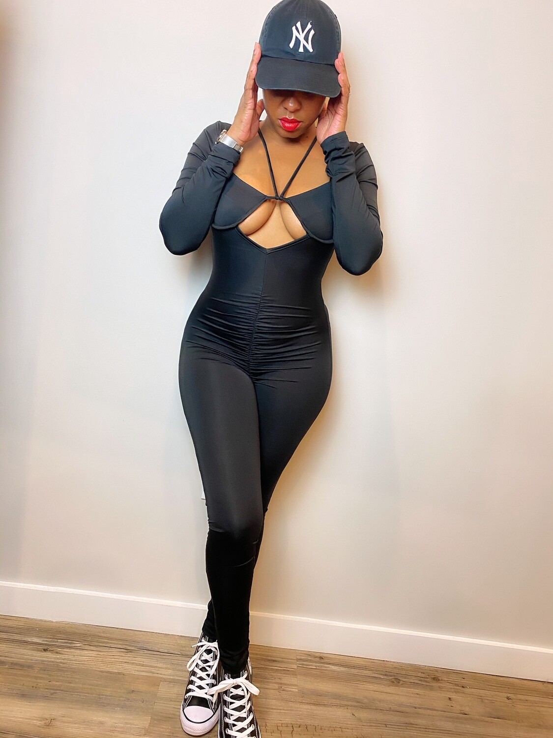 "Say Less" Jumpsuit Black Long-sleeve Underwire
