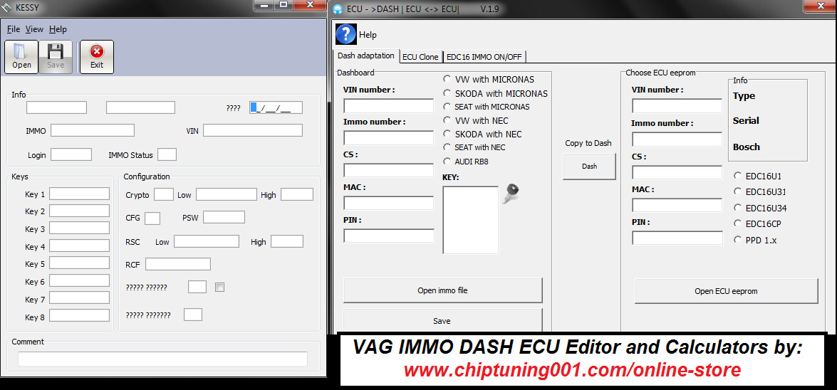 VAG ECU DASH IMMO and Key data Dump Editor tools