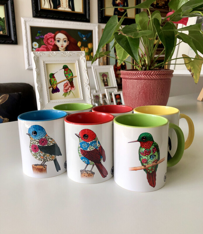 SET DE 6 MUGS &quot;FLOWERY BIRDS&quot;