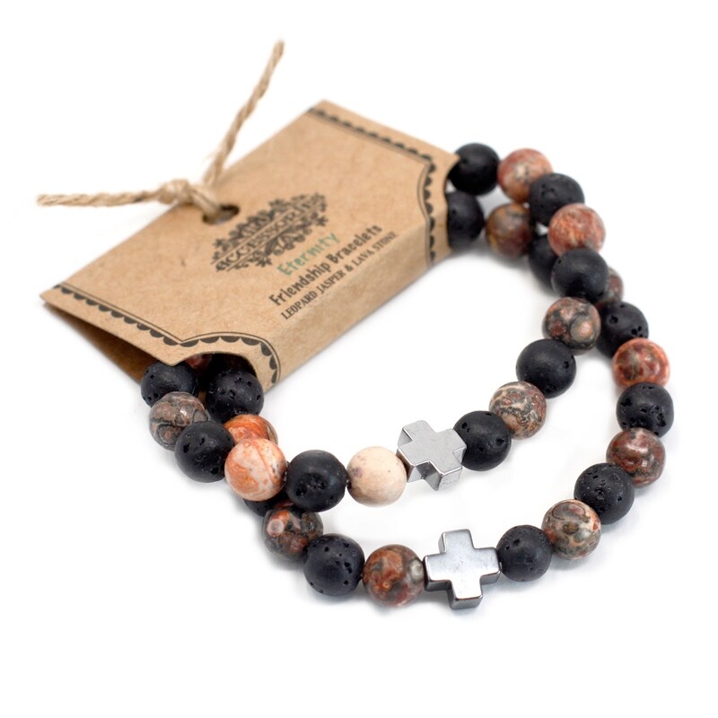 2 Pulseras con Piedras Preciosas-Eternidad-Piel de Leopardo Jaspe y Piedra de Lava