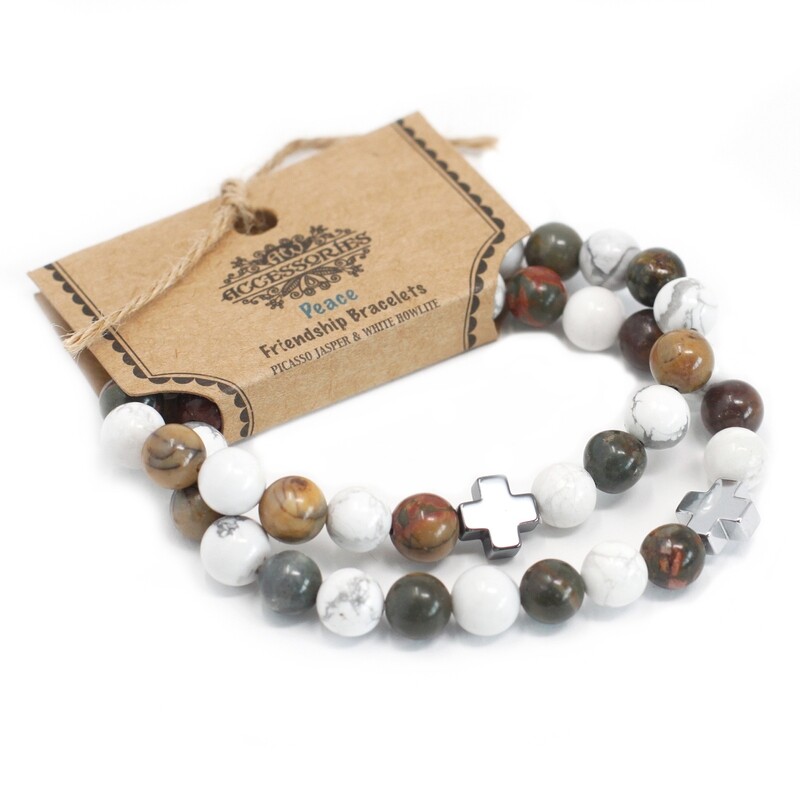 2 Pulsera con Piedras Preciosas-Paz-Jaspe Picasso y Howlita Blanca