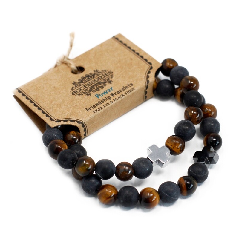 2 Pulseras con Piedras Preciosas -Energía- Ojo de Tigre y Cuarzo Rosa