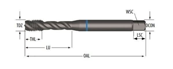 E238M22 Maschi a macchina Scanalature elicoidali 40º, Blue Shark, rastremazione posteriore del filetto