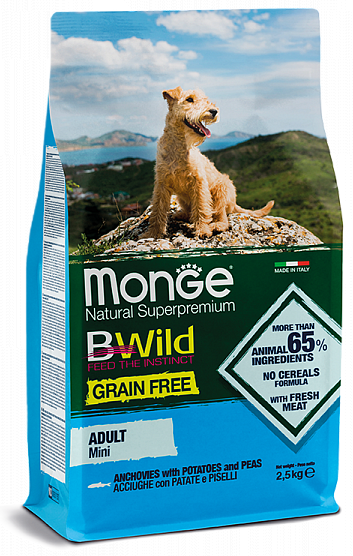 Сухой корм для собак всех пород Monge Dog Bwild Grain Free из анчоуса с картофелем и горохом 12кг.