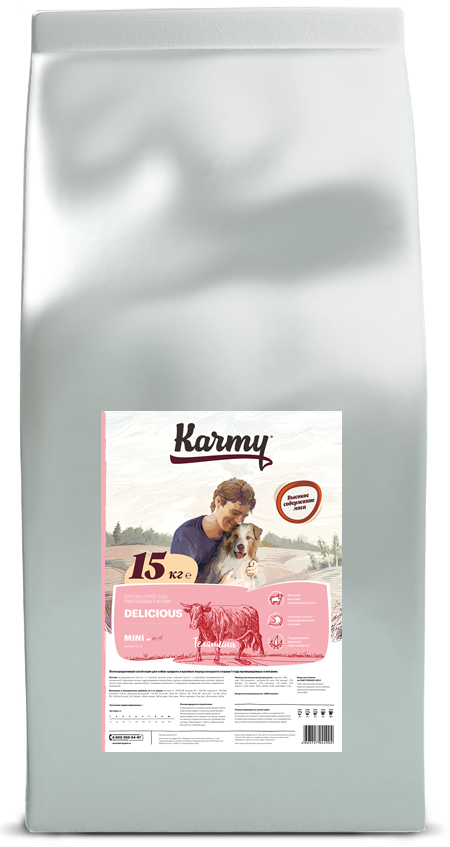 Cухой корм Karmy Delicious Mini​ для собак мелких пород в возрасте старше 1 года привередливых в питании, Телятина 15кг.