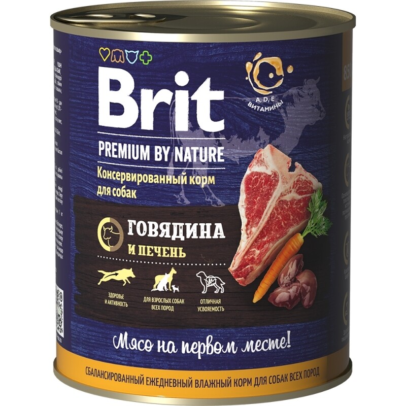 Консервы с говядиной и печенью для взрослых собак всех пород BRIT Premium By Nature