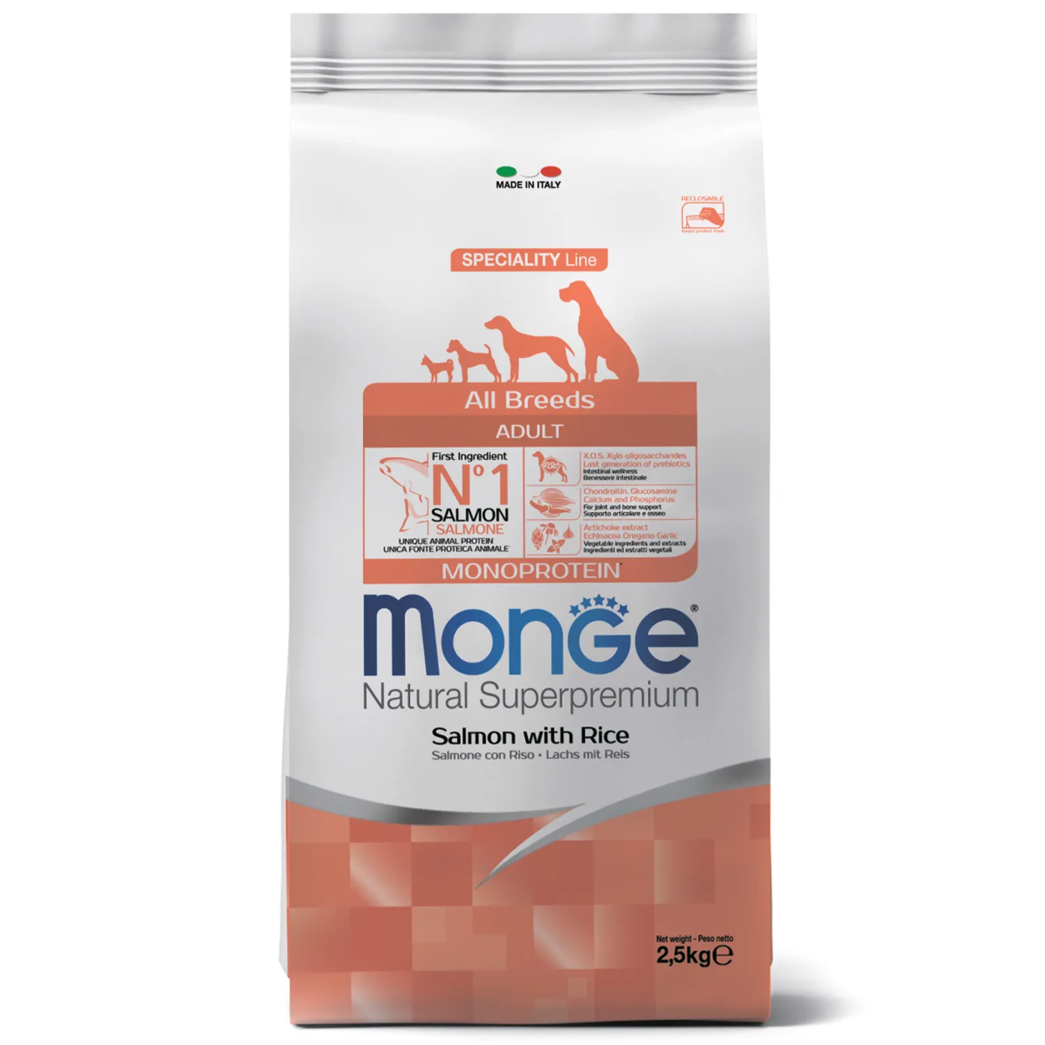 Monge Dog Monoprotein корм для собак всех пород лосось с рисом. Фасовки по 2,5 и 12кг.
