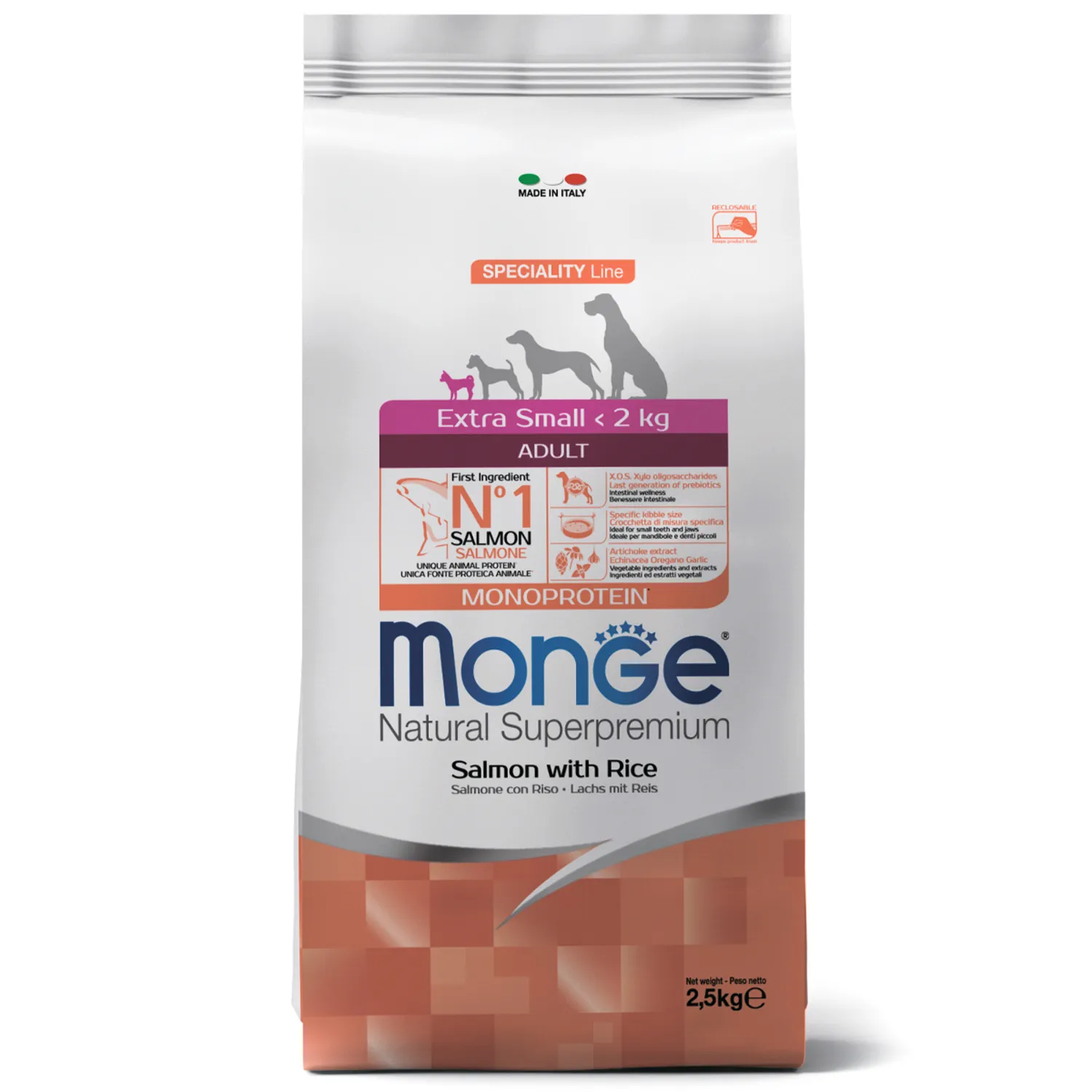 ​Monge Extra Small корм для взрослых собак миниатюрных пород лосось с рисом.