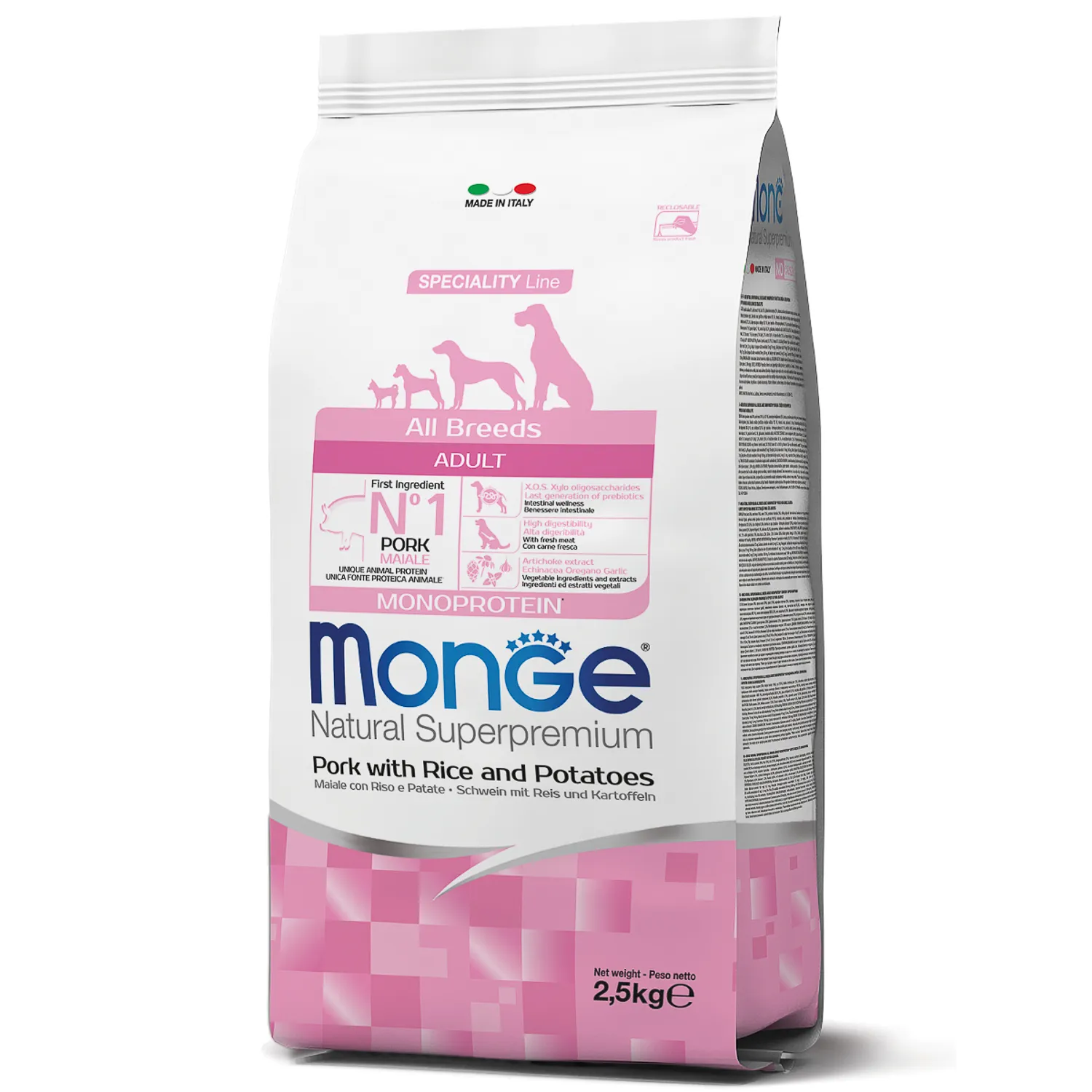 Monge (Монж/Монже) монопротеиновый корм для собак всех пород свинина с рисом и картофелем. Фасовки по 2,5 и 12 кг.