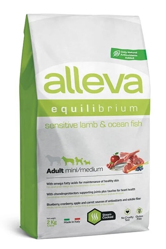 Корм для взрослых собак мелких и средних пород Alleva Эквилибриум Сенситив с ягненком и океанической рыбой, 2 кг