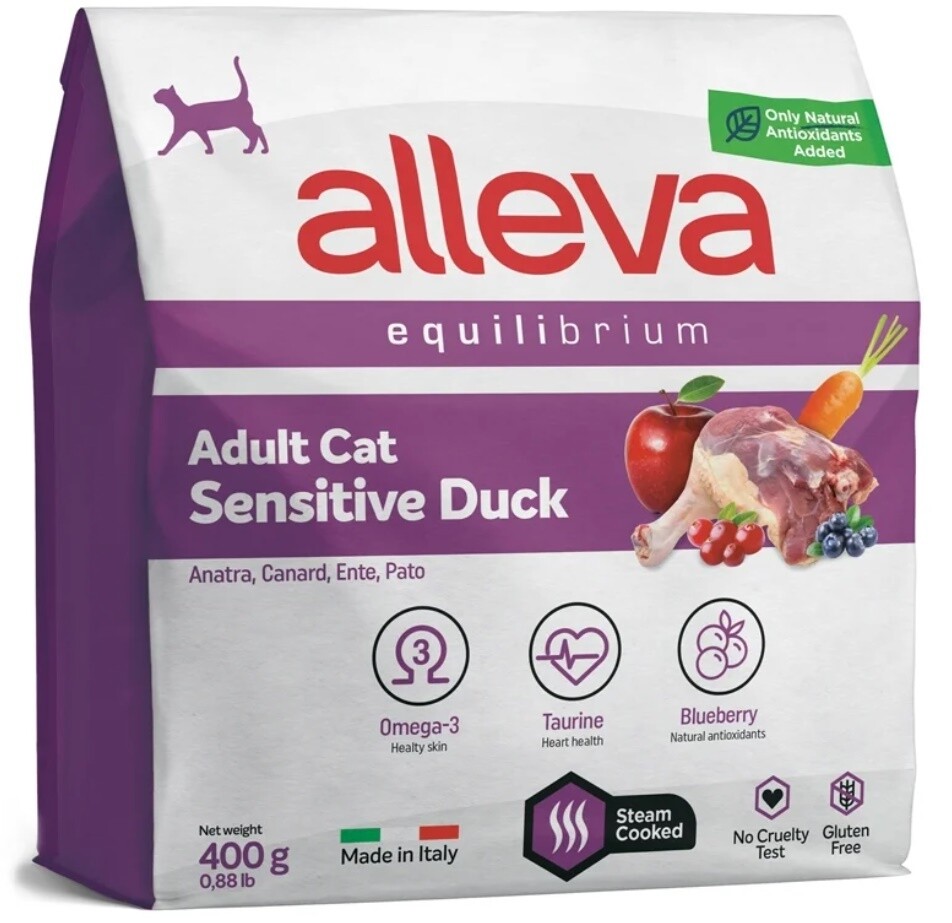 Корм для взрослых кошек Alleva Эквилибриум Сенситив с уткой, 0,4 кг/1.5 кг