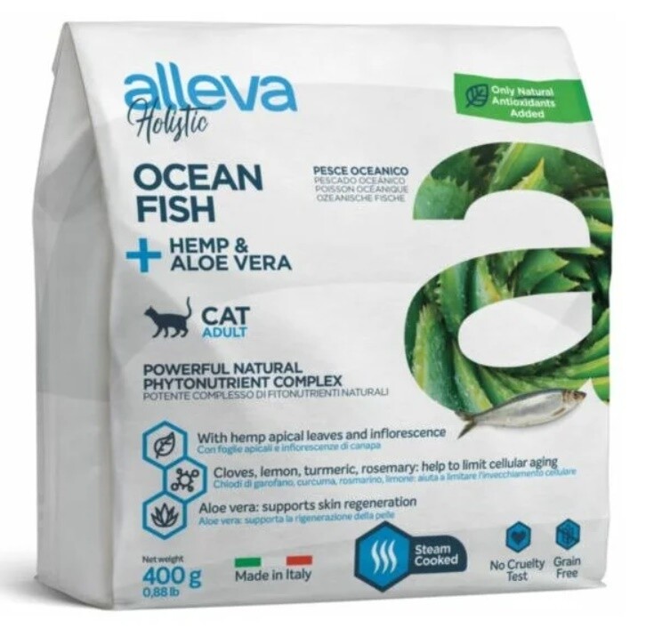 Корм для взрослых кошек Alleva Холистик с океанической рыбой, коноплей и алое вера, 0,4 кг/1,5 кг