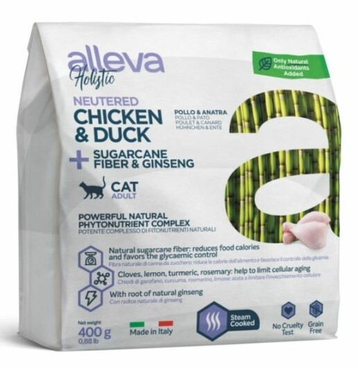 Корм для кастрированных котов и стерилизованных кошек Alleva Холистик с курицей и уткой, 0,4 кг/1.5 кг