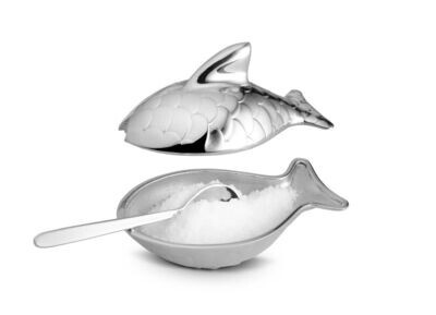 ALESSI 'colombina fish' zout- of kaviaardoosje RVS met lepeltje