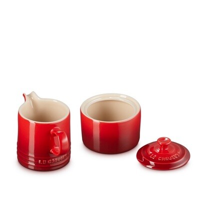 LE CREUSET set melkkan 350ml en suikerpot 300ml kersenrood