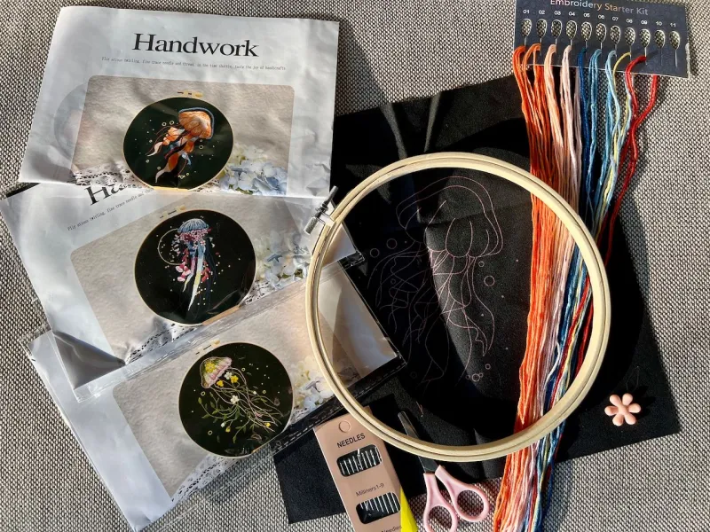 3x Jellyfish Embroidery Creative Kit – With 20cm Hoop, Floss, and Accessories