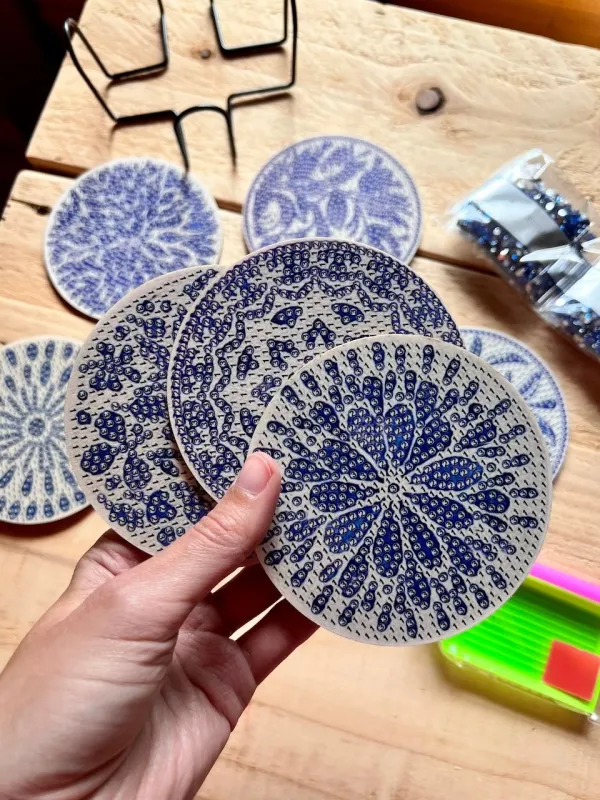 8 DIY Blue Mandala Diamond Painting Coasters