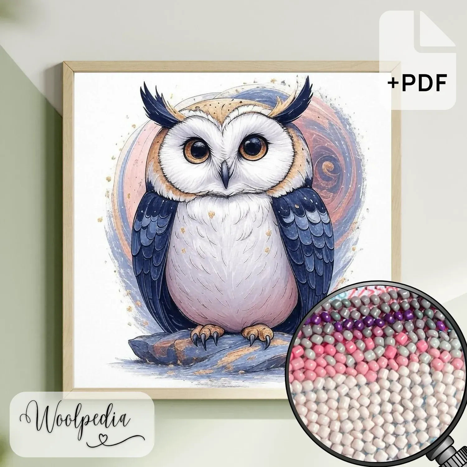 Owl Seraphina 40x40 cm Pearl Cross-Stitch Kit Partial Image DIY Embroidery Set