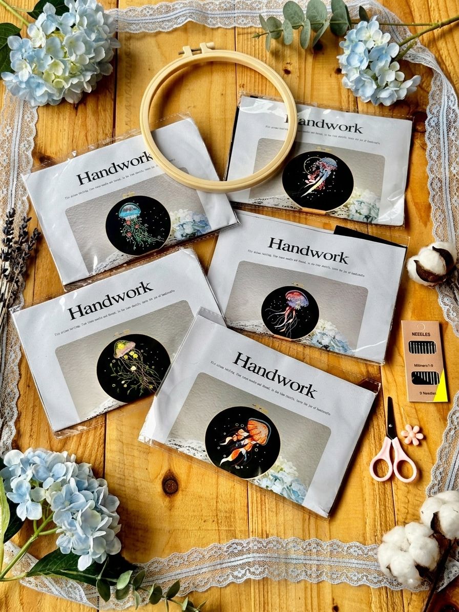 5x Jellyfish Embroidery Creative Kit – With 20cm Hoop, Floss, and Accessories DIY Set