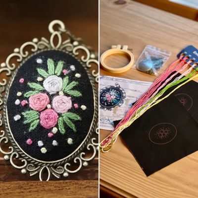 Rose Medallion Pendant with Chain – Complete Embroidery Kit DIY Set