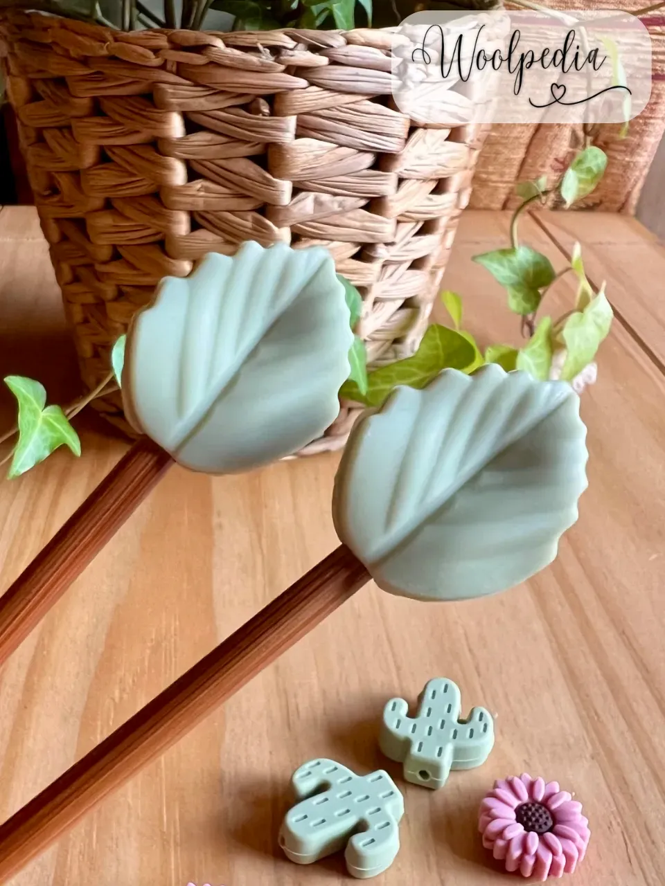 2x Green Leaves knitting needle tip protectors / stitch stoppers