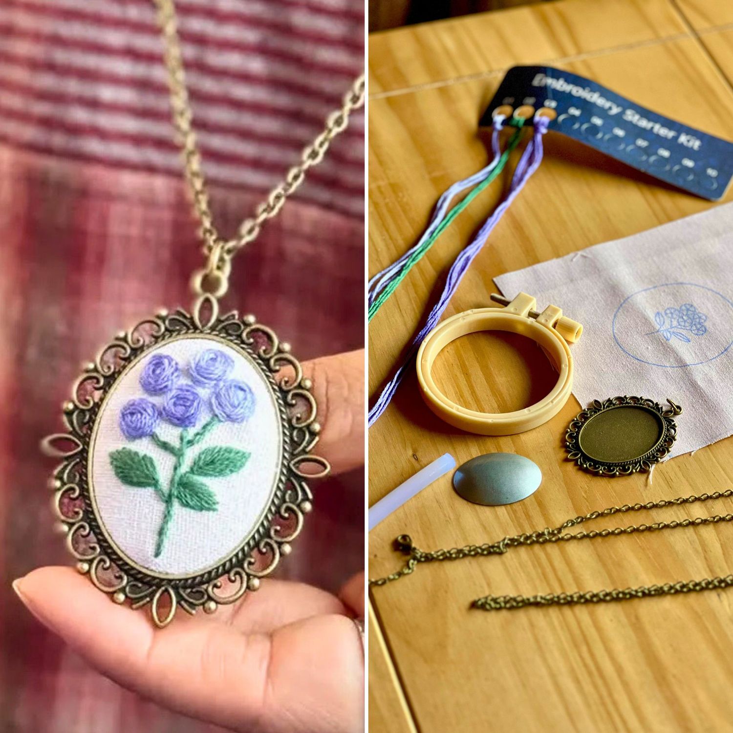 Lavender Rose Medallion Pendant with Chain – Complete Embroidery Kit DIY Set
