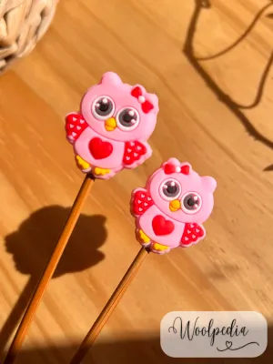 2x pink owls knitting needle tip protectors from 3.5mm