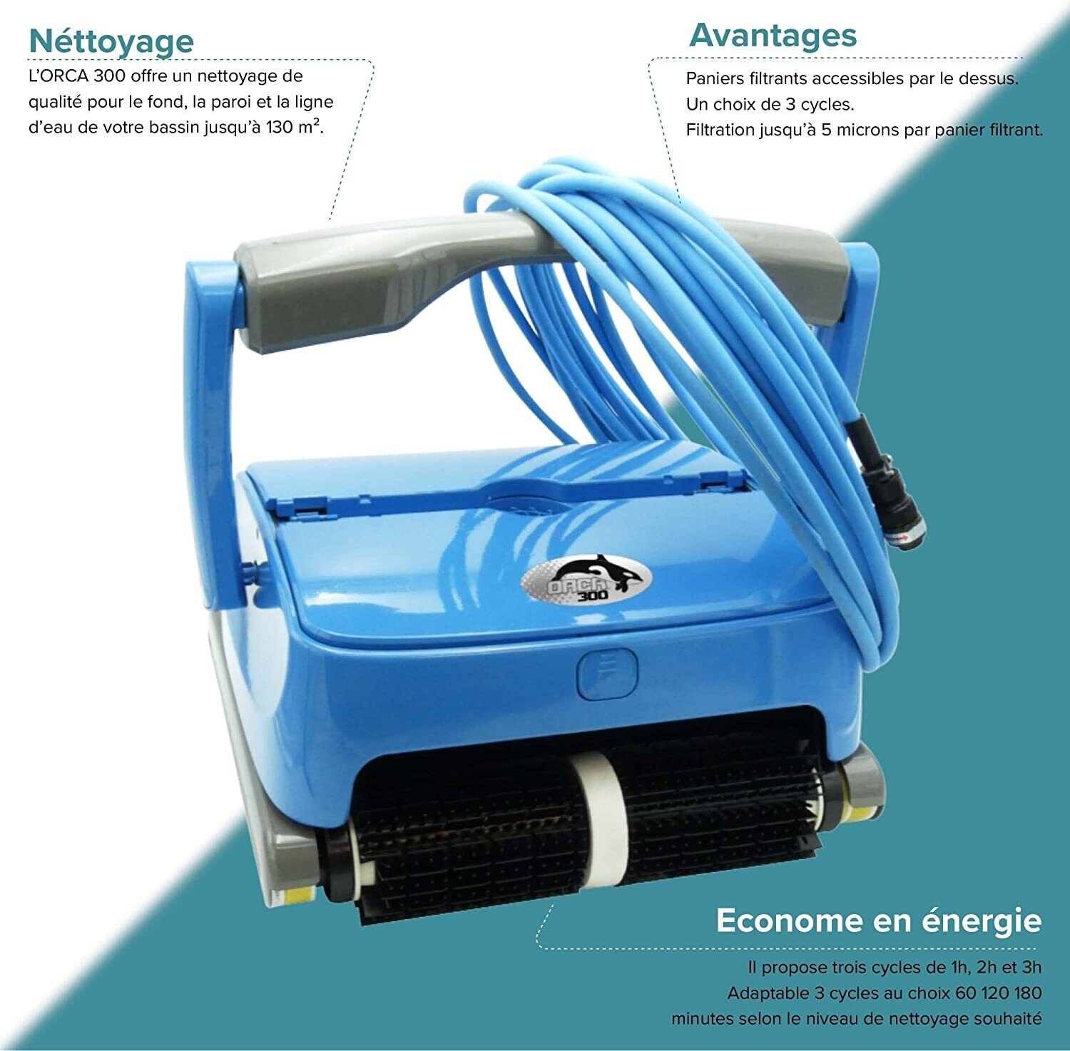 PROMO / Robot Orca 300 - Robot Electrique pour Piscine - Nettoyeur Fond, Parois, Ligne d'Eau