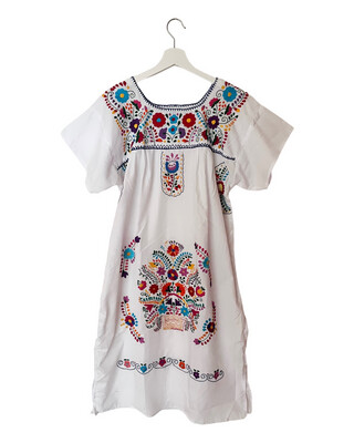 Mexikanisches Kleid Puebla, Tunika, Sommerkleid mit Blumen, L