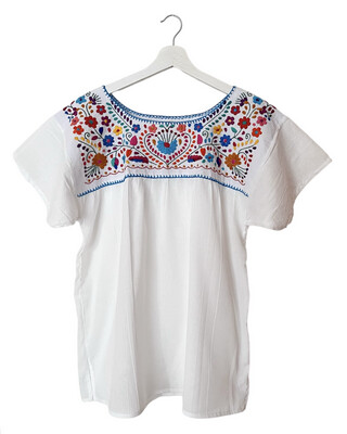 Mexikanische Sommer Bluse L mit handgemachter Stickerei, Folklore Boho Bluse