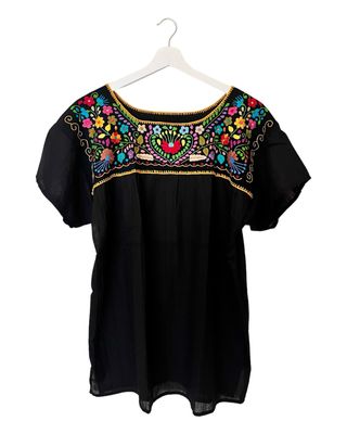 Mexikanische Bluse XL, Boho Sommerbluse, handgemachte Stickerei